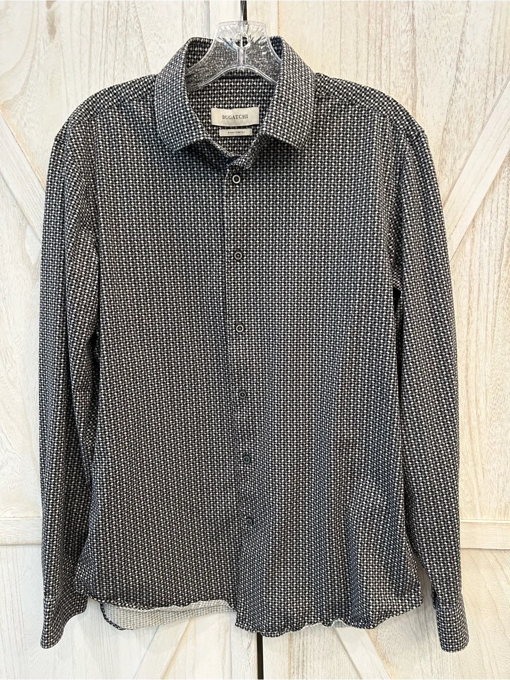 Bugatchi 8 Way Stretch Black & White Micro-Pattern Med Button Down Dress Shirt
